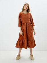 Load image into Gallery viewer, MUICHES Casual O Neck High Waist Flounced Edge Corduroy Dress Spring