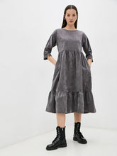 Load image into Gallery viewer, MUICHES Casual O Neck High Waist Flounced Edge Corduroy Dress Spring