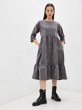 Load image into Gallery viewer, MUICHES Casual O Neck High Waist Flounced Edge Corduroy Dress Spring