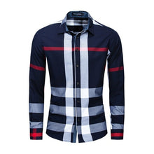 Load image into Gallery viewer, Men Shirt Long Sleeve Casual Vertical Plaid Shirts Mens Chemise Homme