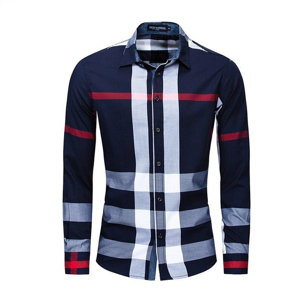 Men Shirt Long Sleeve Casual Vertical Plaid Shirts Mens Chemise Homme