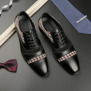 Men's Brogue Shoes Brown Black Patchwork Fabric Business Lace-up