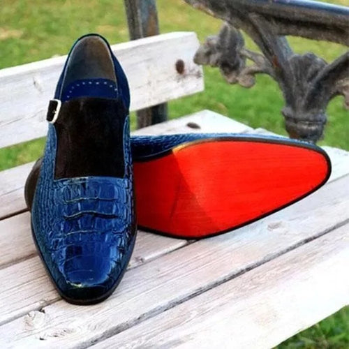 Men's Loafers Handmade Blue Black Suede Pu Leather Stitching