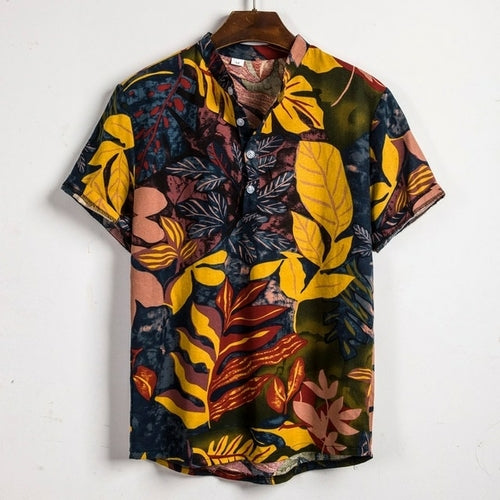 Mens Ethnic Short Sleeve Casual Cotton Linen Printing Hawaiian Shirt