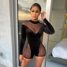 Load image into Gallery viewer, Mesh Velour Sexy Rompers See Through Long Sleeve Women Bodycon Romper - Sophornlilly