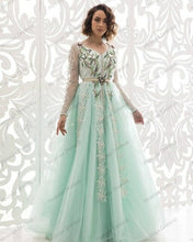 Load image into Gallery viewer, Mint Green Beading Tulle Moroccan Kaftan Evening Dresses See Thru