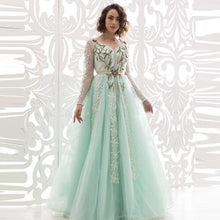 Load image into Gallery viewer, Mint Green Beading Tulle Moroccan Kaftan Evening Dresses See Thru