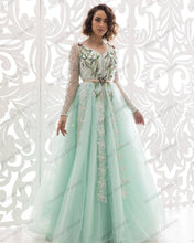 Load image into Gallery viewer, Mint Green Beading Tulle Moroccan Kaftan Evening Dresses See Thru