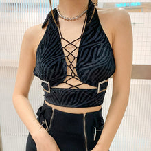 Load image into Gallery viewer, Missme Sexy Bandage Top Lace Up Black Crop Tank Top Backless Halter