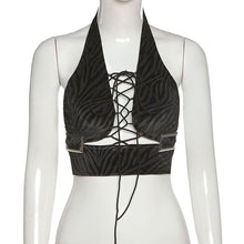 Load image into Gallery viewer, Missme Sexy Bandage Top Lace Up Black Crop Tank Top Backless Halter