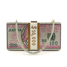 Load image into Gallery viewer, Money Clutch Rhinestone Purse 10000 Dollars Stack of Cash Evening