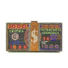 Load image into Gallery viewer, Money Clutch Rhinestone Purse 10000 Dollars Stack of Cash Evening