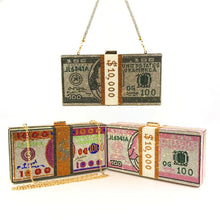 Load image into Gallery viewer, Money Clutch Rhinestone Purse 10000 Dollars Stack of Cash Evening