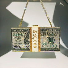 Load image into Gallery viewer, Money Clutch Rhinestone Purse 10000 Dollars Stack of Cash Evening
