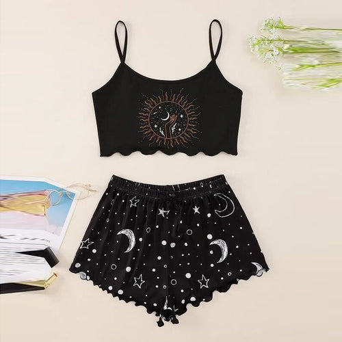 Moon Star Print Y2K Crop Top Women Pajamas Suit Summer Home Wear