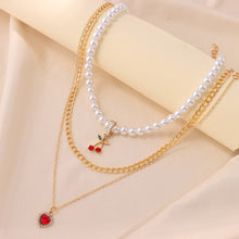 Load image into Gallery viewer, Multilayer Sweet Red Cherry Heart Pendant Pearl Beaded Necklace