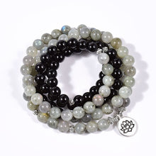 Load image into Gallery viewer, Natural Stone Black Onyx With A+ Labradorite 108 Mala Charm Pendant
