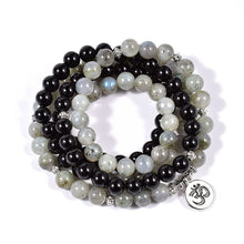 Load image into Gallery viewer, Natural Stone Black Onyx With A+ Labradorite 108 Mala Charm Pendant