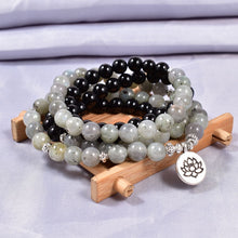 Load image into Gallery viewer, Natural Stone Black Onyx With A+ Labradorite 108 Mala Charm Pendant