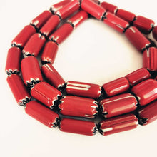 Load image into Gallery viewer, Nepal Hand Antiqued Trade Lampwork Beads Red Barrel Safron Beads