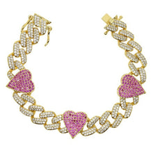 Load image into Gallery viewer, New 11MM Gold Color Iced Out Bling CZ Heart Bracelets Blue Green