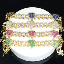 Load image into Gallery viewer, New 11MM Gold Color Iced Out Bling CZ Heart Bracelets Blue Green