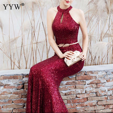 Load image into Gallery viewer, Women Sequined Party Long Dresses Halter Sleeveless Mermaid