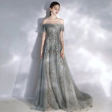 Load image into Gallery viewer, New Evening Dress Luxurious Boat Neck Short Sleeves A Line Floor