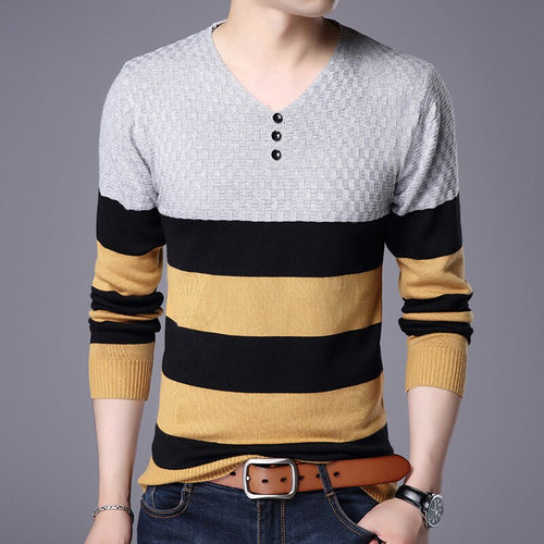 Knit Pullover Plain Striped  V Neck Sweater