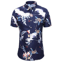 New Fashion Crane Print Short Sleeve Hawaiian Shirt Male Casual Beach