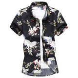 New Fashion Crane Print Short Sleeve Hawaiian Shirt Male Casual Beach