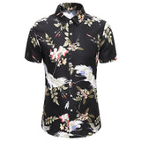 New Fashion Crane Print Short Sleeve Hawaiian Shirt Male Casual Beach