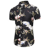 New Fashion Crane Print Short Sleeve Hawaiian Shirt Male Casual Beach