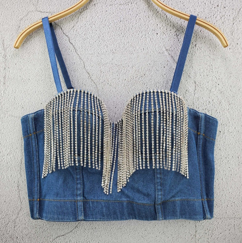 New Fashion Ladies Camis Runway Jeans Crop Top Luxury Blue Sexy Hot