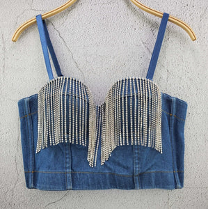 New Fashion Ladies Camis Runway Jeans Crop Top Luxury Blue Sexy Hot