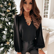Load image into Gallery viewer, New Fashion Women Blouses Sexy V neck Chain Lantern Sleeve Pullover - Sophornlilly