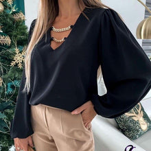 Load image into Gallery viewer, New Fashion Women Blouses Sexy V neck Chain Lantern Sleeve Pullover - Sophornlilly