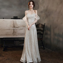 Load image into Gallery viewer, New Sequins Strapless Evening Dress Lace Three Quarter Sleeves Pleat A