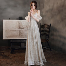 Load image into Gallery viewer, New Sequins Strapless Evening Dress Lace Three Quarter Sleeves Pleat A