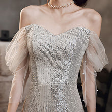 Load image into Gallery viewer, New Sequins Strapless Evening Dress Lace Three Quarter Sleeves Pleat A
