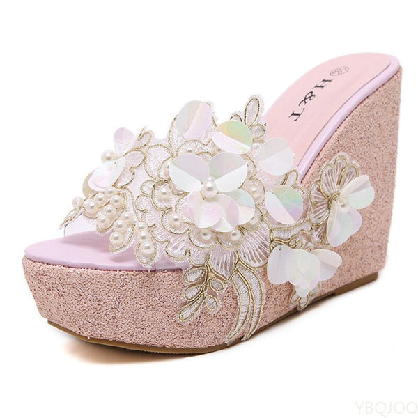 Wedge Sandals Platform Flower Decoration