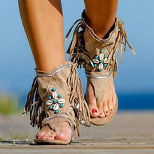 Load image into Gallery viewer, New Tassel Flat Sandals Women Large Size All match Beaded Roman Style - Sophornlilly