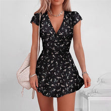 Load image into Gallery viewer, New Women V neck Floral  Short Sleeve Mini Dress Elegant Bodycon Sexy