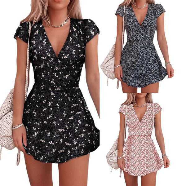 New Women V neck Floral  Short Sleeve Mini Dress Elegant Bodycon Sexy