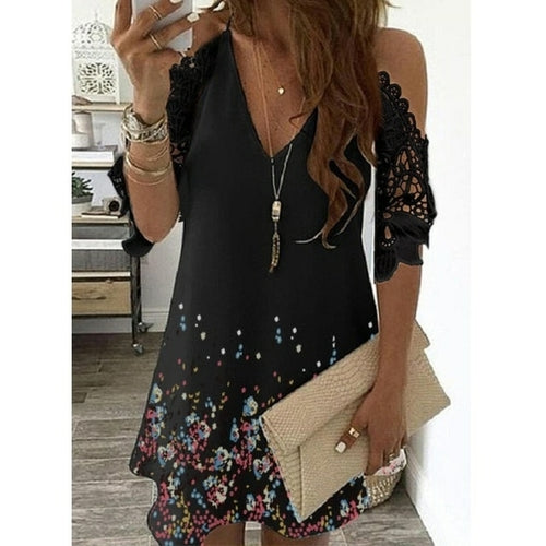 New Women's Summer Half Sleeves Printed Dress Off Shoulder  Female V