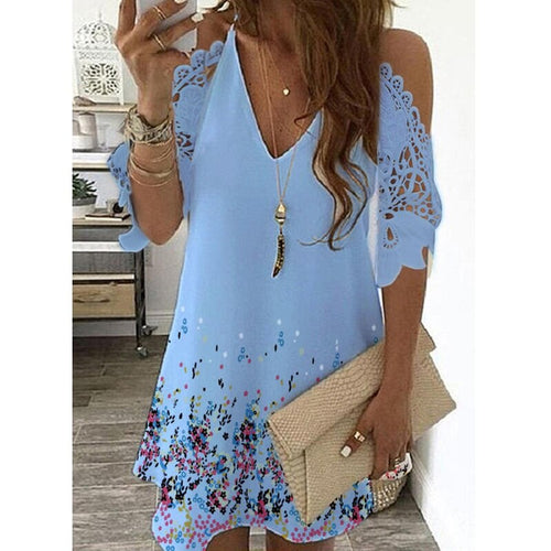 New Women's Summer Half Sleeves Printed Dress Off Shoulder  Female V