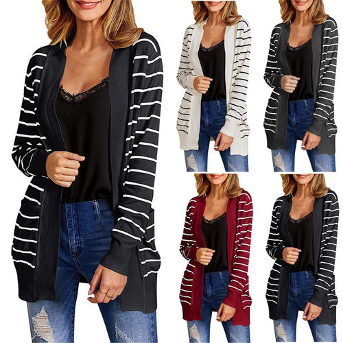 New Womens Long Cardigan Sweaters Oversized Open Front Striped Loose