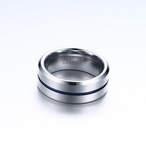 Men's Wedding Band Tungsten Rings Groove Ring Carbide Blue Line