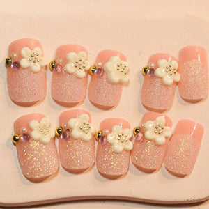 Nude Pink Full Cover  Flower Nail Tips Salon Acrylic Nail Art Natural
