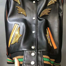 Load image into Gallery viewer, O neck coat women spring new brand genuine leather jacket diamond